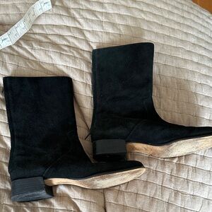 Ralph Lauren Black Suede Mid Calf Boots Low Heel